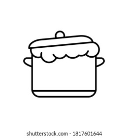 Saucepan with rising yeast dough and lid. Line art icon of kneading dough. Black simple illustration of fancy bread, homemade bakery products. Contour isolated vector pictogram, white background