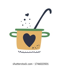 Saucepan with serving spoon and big heart. Cooking classes concept. Kitchen, cook with love. Isolated flat vector illustration. Hand drawn concept.