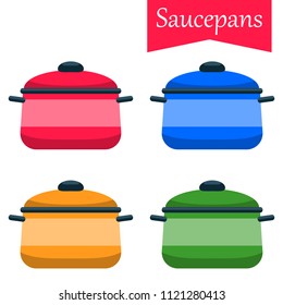 Saucepan. Set of enameled pots. Vector flat illustration.