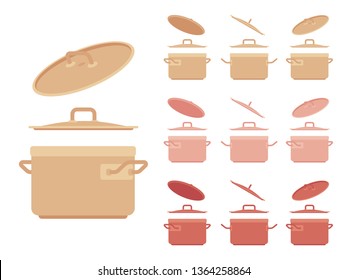 Saucepan set, kitchen appliance. Saucepot for stewing or boiling food, cooking pot, deep utensil with a lid. Vector flat style cartoon illustration isolated on white background, different views, color