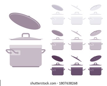 Saucepan set, kitchen appliance. Saucepot for stewing or boiling food, cooking pot, deep utensil with a lid. Vector flat style cartoon illustration isolated on white background, different views, color