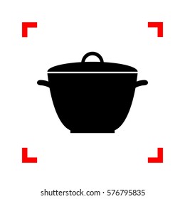 Saucepan simple sign. Black icon in focus corners on white background. Isolated.