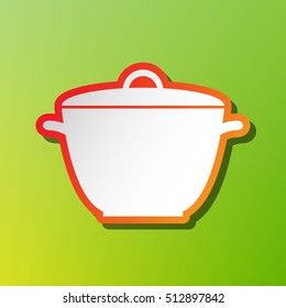 Saucepan simple sign. Contrast icon with reddish stroke on green backgound.