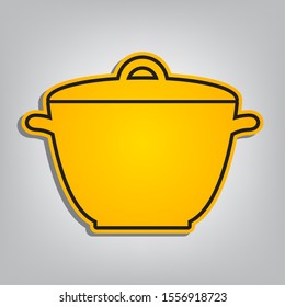 Saucepan simple sign. Flat orange icon with overlapping linear black icon with gray shadow at whitish background. Illustration.