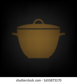 Saucepan simple sign. Icon as grid of small orange light bulb in darkness. Illustration.