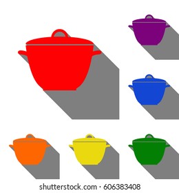 Saucepan simple sign. Set of red, orange, yellow, green, blue and violet icons at white background with flat shadow.