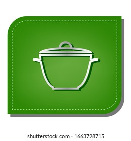 Saucepan simple sign. Silver gradient line icon with dark green shadow at ecological patched green leaf. Illustration.