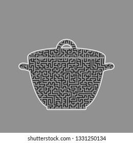 Saucepan simple sign. Vector. Black maze filled icon with white border at gray background.