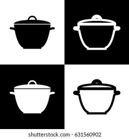 Saucepan simple sign. Vector. Black and white icons and line icon on chess board.