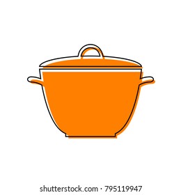 Saucepan simple sign. Vector. Black line icon with shifted flat orange filled icon on white background. Isolated.