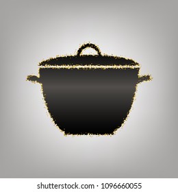 Saucepan simple sign. Vector. Blackish icon with golden stars at grayish background.