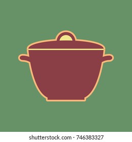 Saucepan simple sign. Vector. Cordovan icon and mellow apricot halo with light khaki filled space at russian green background.