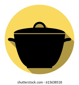Saucepan simple sign. Vector. Flat black icon with flat shadow on royal yellow circle with white background. Isolated.