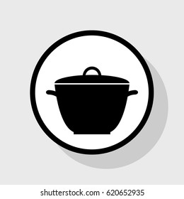 Saucepan simple sign. Vector. Flat black icon in white circle with shadow at gray background.