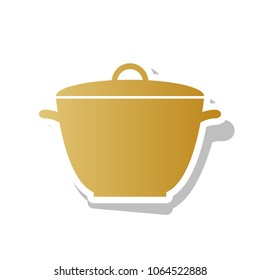 Saucepan simple sign. Vector. Golden gradient icon with white contour and rotated gray shadow at white background.