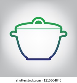Saucepan simple sign. Vector. Green to blue gradient contour icon at grayish background with light in center.