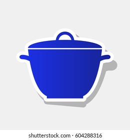 Saucepan simple sign. Vector. New year bluish icon with outside stroke and gray shadow on light gray background.