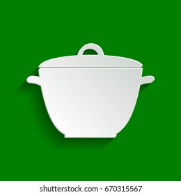 Saucepan simple sign. Vector. Paper whitish icon with soft shadow on green background.