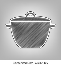 Saucepan simple sign. Vector. Pencil sketch imitation. Dark gray scribble icon with dark gray outer contour at gray background.