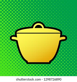 Saucepan simple sign. Vector. Pop art orange to yellow dots-gradient icon with black contour at greenish background.