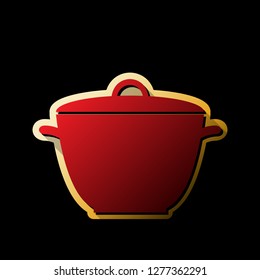 Saucepan simple sign. Vector. Red icon with small black and limitless shadows at golden sticker on black background.
