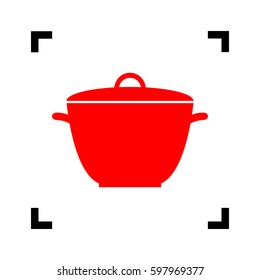 Saucepan simple sign. Vector. Red icon inside black focus corners on white background. Isolated.