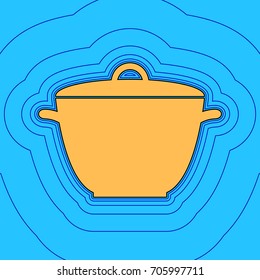 Saucepan simple sign. Vector. Sand color icon with black contour and equidistant blue contours like field at sky blue background. Like waves on map - island in ocean or sea.