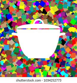Saucepan simple sign. Vector. White icon on colorful background with seamless pattern from squares.