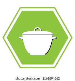 Saucepan simple sign. Vector. White icon with black shadow at yellow green honeycomb on white background.