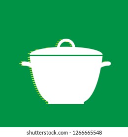 Saucepan simple sign. Vector. White flat icon with yellow striped shadow at green background.