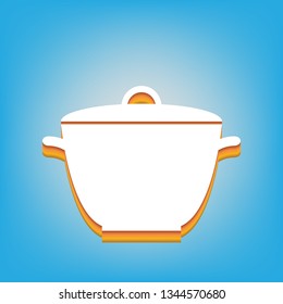 Saucepan simple sign. Vector. White icon with 3d warm-colored gradient body at sky blue background.