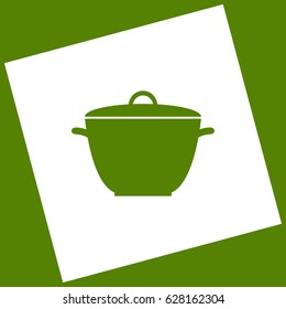 Saucepan simple sign. Vector. White icon obtained as a result of subtraction rotated square and path. Avocado background.