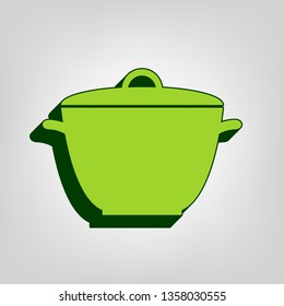 Saucepan simple sign. Vector. Yellow green solid icon with dark green external body at light colored background.