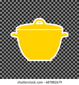Saucepan simple sign. Vector. Yellow icon with white contour on dark transparent background.