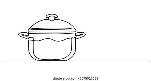 Saucepan Single Line Icon, Steaming cooking pot icon continuous one line drawing, continuous single drawn one line saucepan hand-drawn picture silhouette. Line art. doodle. Kitchen appliances concept.