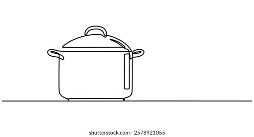 Saucepan Single Line Icon, Steaming cooking pot icon continuous one line drawing, continuous single drawn one line saucepan hand-drawn picture silhouette. Line art. doodle. Kitchen appliances concept.