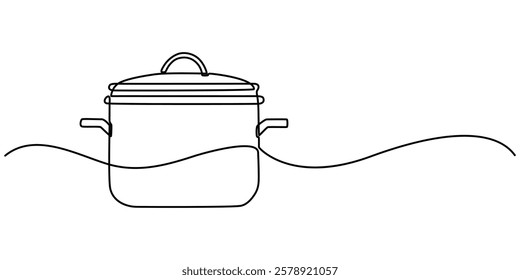 Saucepan Single Line Icon, Steaming cooking pot icon continuous one line drawing, continuous single drawn one line saucepan hand-drawn picture silhouette. Line art. doodle. Kitchen appliances concept.