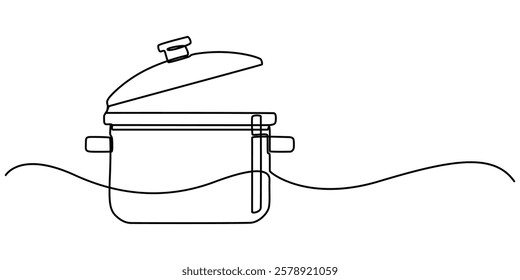 Saucepan Single Line Icon, Steaming cooking pot icon continuous one line drawing, continuous single drawn one line saucepan hand-drawn picture silhouette. Line art. doodle. Kitchen appliances concept.