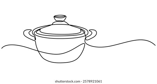 Saucepan Single Line Icon, Steaming cooking pot icon continuous one line drawing, continuous single drawn one line saucepan hand-drawn picture silhouette. Line art. doodle. Kitchen appliances concept.