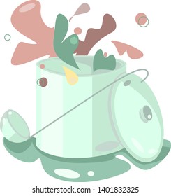 Saucepan with soup in the style of flat.borsch and scoop. 
steel pan. beautiful illustration for booklets, menus and cards