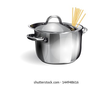 saucepan with spaghetti isolated on white background
