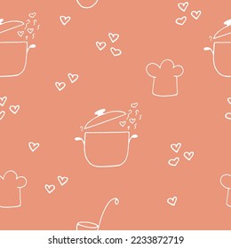 saucepan and steam with hearts, chefs hat, ladle seamless pattern hand drawn in doodle style. 