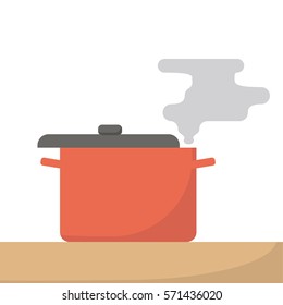 Saucepan with steam isolated. Flat design cooking on stove