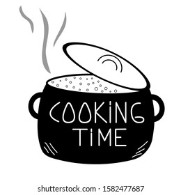 Saucepan with text cooking time in black vector illustration.