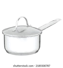 Saucepan vector picture. Stewpan white background. Stewpot at kitchen. Metal pan illustration. Kitchenware. Kitchen stuff. Cooking process. Clipart for logo greeting card and design.