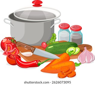 saucepan and vegetables on a cutting board with a knife