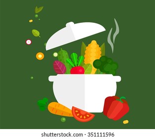 saucepan with vegetables on a dark green background