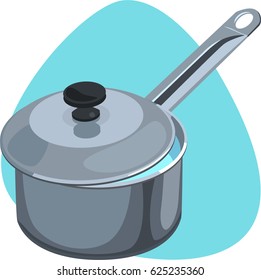 Saucepan. Water in deep cooking pan with handle and lid. Isolated. On blue background.
