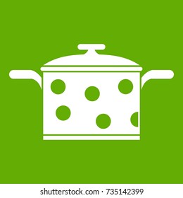 Saucepan with white dots icon white isolated on green background. Vector illustration