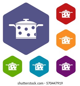 Saucepan with white dots icons set rhombus in different colors isolated on white background